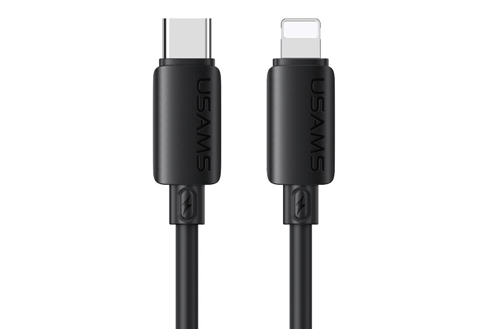 Obraz przedstawia czarny kabel z dwoma różnymi końcówkami: USB-C i Lightning. Na obu końcówkach widnieje napis \'USAMS\'.