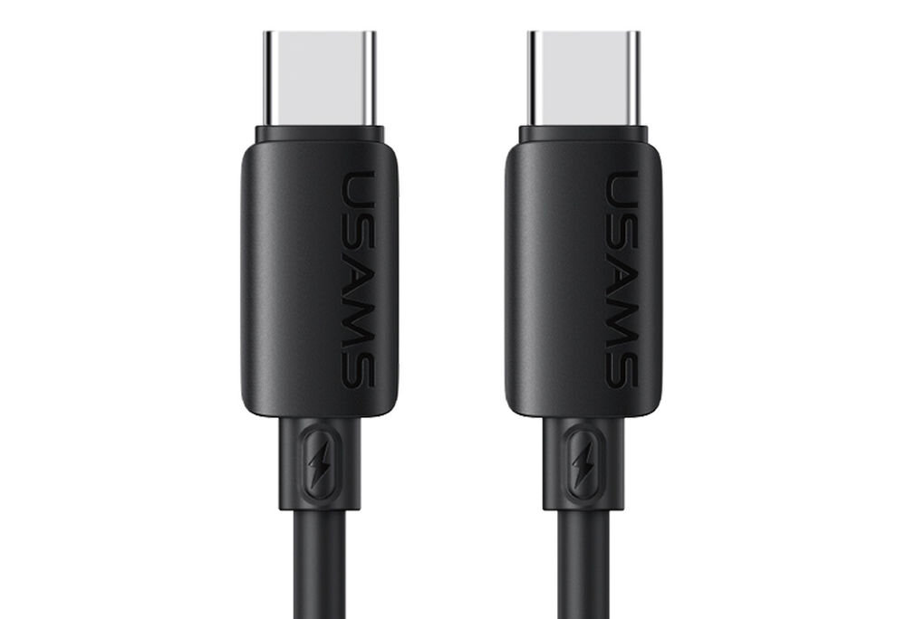 Obraz przedstawia czarny kabel USB-C - USB-C z logo \'USAMS\' na obu końcówkach. Kabel ma oznaczenie symbolu błyskawicy na złączach.