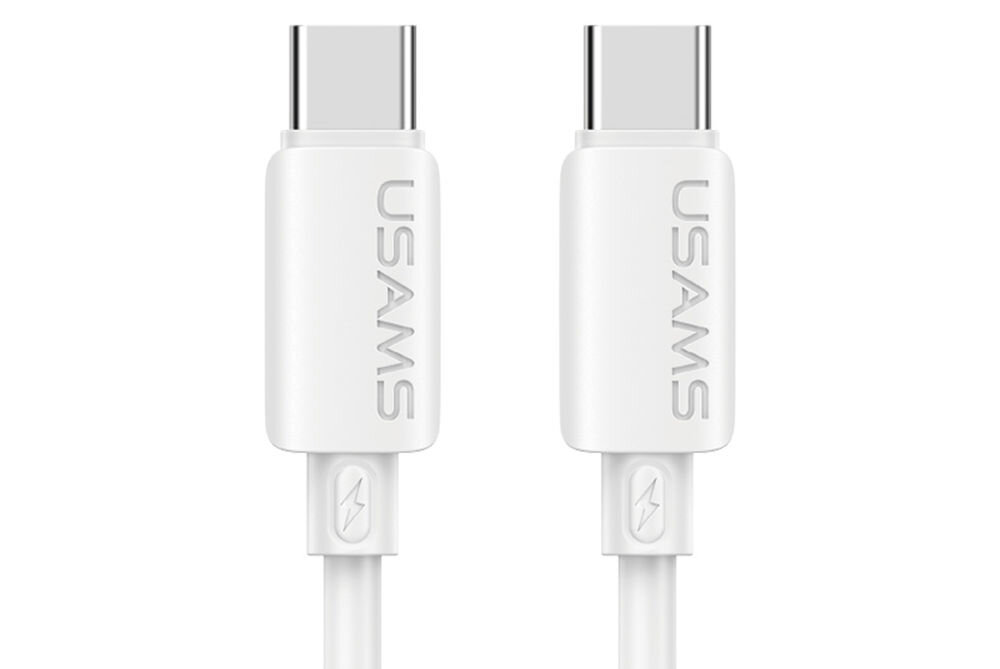 Na obrazie widoczne są dwa białe złącza USB-C z napisem \'USAMS\' na obudowie. Oba złącza mają symbol błyskawicy na kablu.