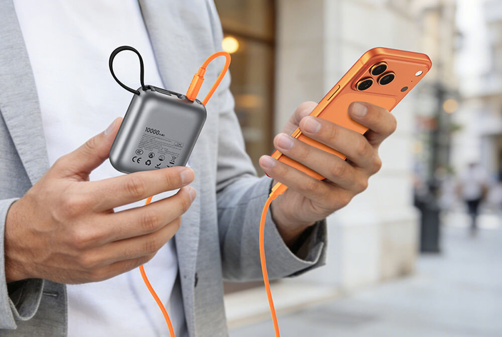 Osoba trzyma w rękach pomarańczowy smartfon oraz szarą powerbankę z napisem \'10000mAh\', połączone pomarańczowym kablem USB-C. W tle widoczna jest ulica z budynkami.
