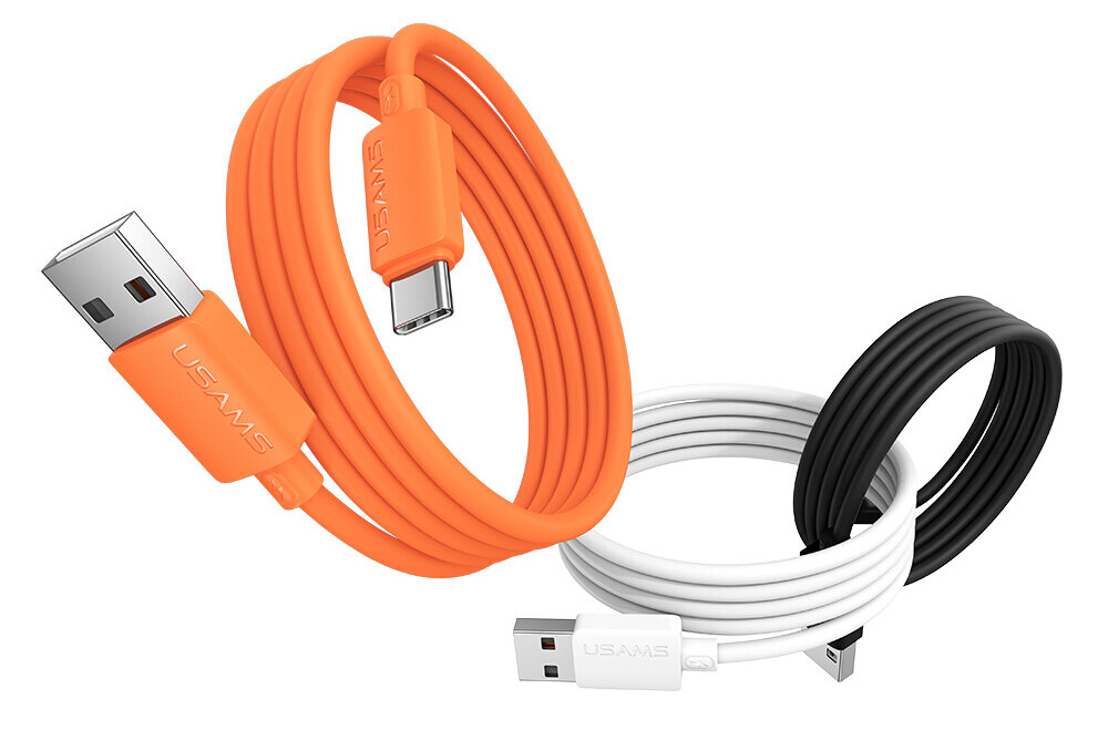 Na obrazie widoczne są trzy kable USB-A do USB-C w kolorach pomarańczowym, białym i czarnym, z logo \'USAMS\' na wtyczkach. Kable są zwinięte w pętle.