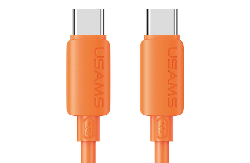 Obraz przedstawia dwa pomarańczowe kable USB-C z logo \'USAMS\' na wtyczkach.