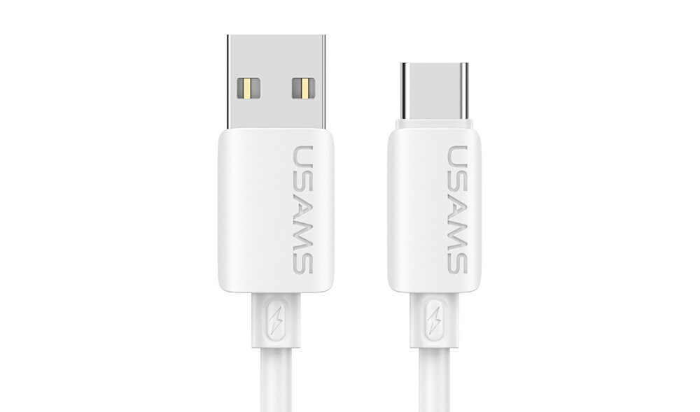 Na obrazie widoczny jest biały kabel USB z końcówkami USB-A i USB-C, z logo \'USAMS\' na obu wtyczkach.