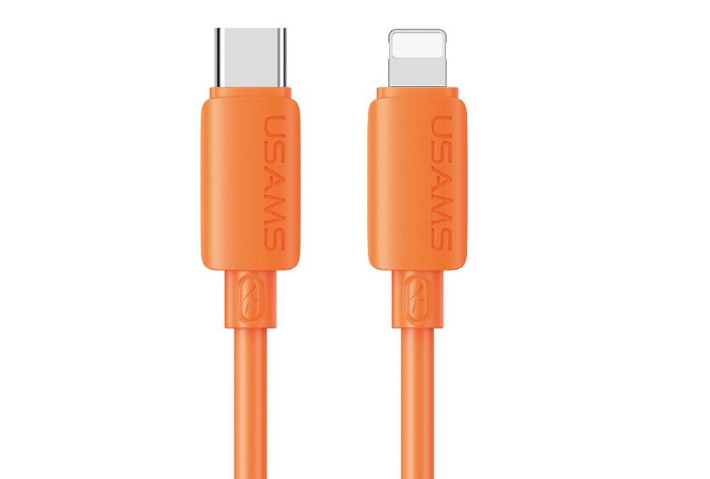 Na obrazie widoczny jest pomarańczowy kabel z dwoma różnymi końcówkami: USB-C i Lightning. Na obu końcówkach znajduje się napis \'USAMS\'.