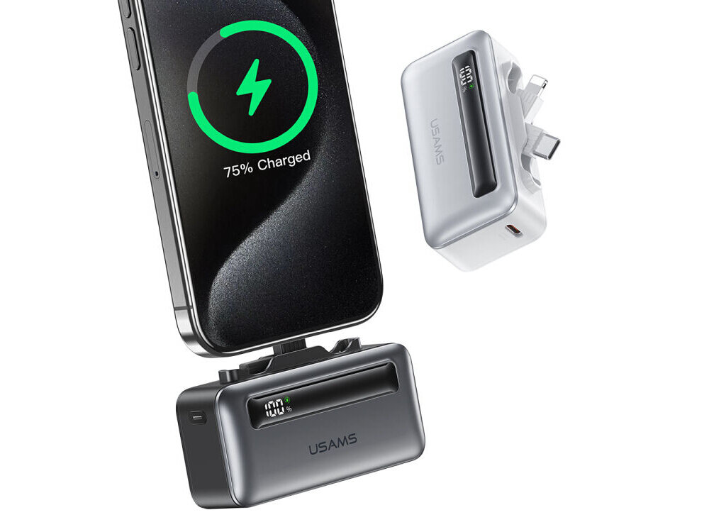 Na obrazie widoczny jest telefon z ekranem pokazującym 75% naładowania oraz dwa powerbanki marki USAMS, jeden w kolorze srebrnym, drugi ciemniejszy, oba z wyświetlaczem LED pokazującym poziom naładowania.
