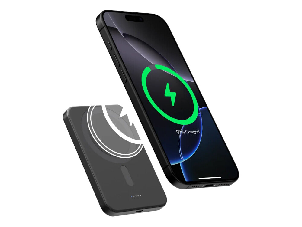 Na obrazie widoczny jest czarno-szary powerbank oraz smartfon z zieloną ikoną ładowania i napisem \'93% Charged\'.