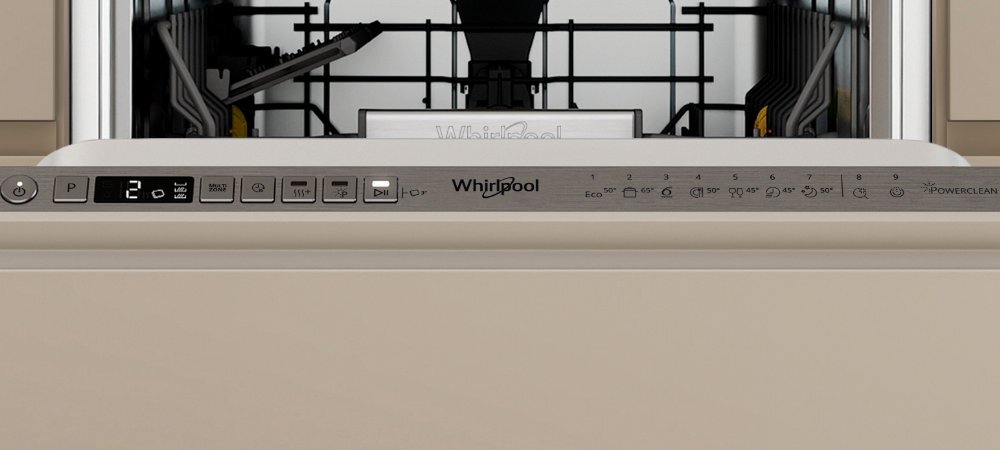 Panel sterowania zmywarki z widocznymi przyciskami i wyświetlaczem. Logo Whirlpool znajduje się na środku panelu.
