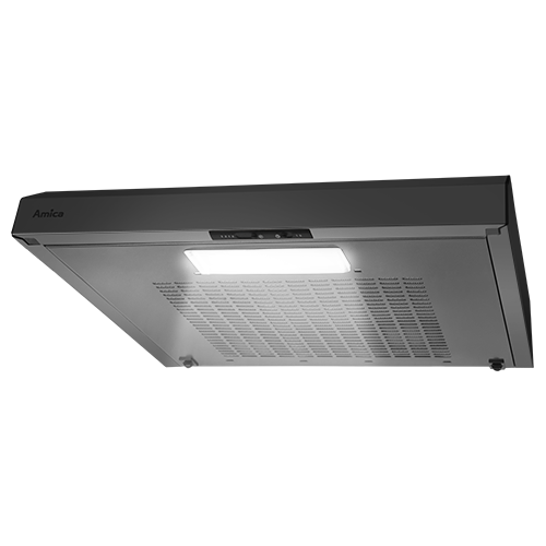 Srebrny okap kuchenny z widocznym logo \'Amica\', posiada panel sterowania i oświetlenie LED. Widoczna jest perforowana powierzchnia filtrująca.