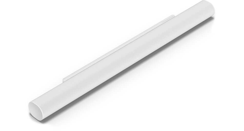 Biały soundbar o cylindrycznym kształcie, widoczny na białym tle.