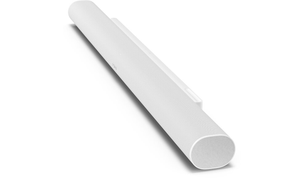 Biały soundbar o nowoczesnym, minimalistycznym designie z widocznym logo \'SONOS\' na powierzchni. Urządzenie ma zaokrąglone krawędzie i perforowaną przednią część.