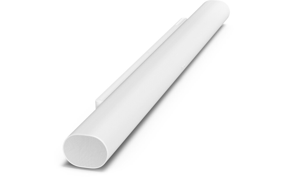 Biały soundbar o nowoczesnym, cylindrycznym kształcie z perforowaną osłoną na jednym końcu.