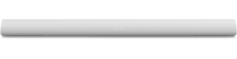 Biały soundbar z widocznym logo \'SONOS\' na środku przedniego panelu.