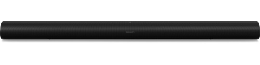 Czarny soundbar o prostokątnym kształcie z widocznym logo \'SONOS\' na środku. Powierzchnia jest gładka i jednolita.