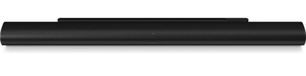 Czarny soundbar o nowoczesnym, minimalistycznym designie z widocznym logo SONOS na środku.
