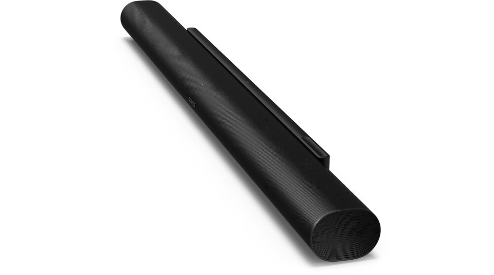 Czarny soundbar o nowoczesnym, cylindrycznym kształcie z widocznym logo SONOS na powierzchni.