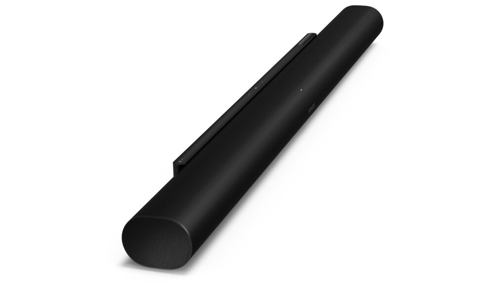 Czarny soundbar o nowoczesnym, cylindrycznym kształcie z widocznymi przyciskami na górnej powierzchni. Na obudowie znajduje się logo SONOS.