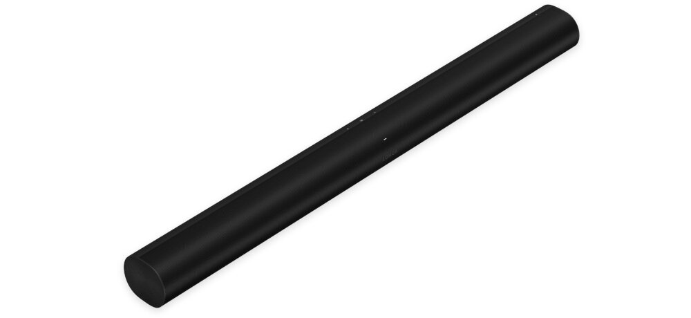 Czarny soundbar o eleganckim, minimalistycznym designie z zaokrąglonymi krawędziami.