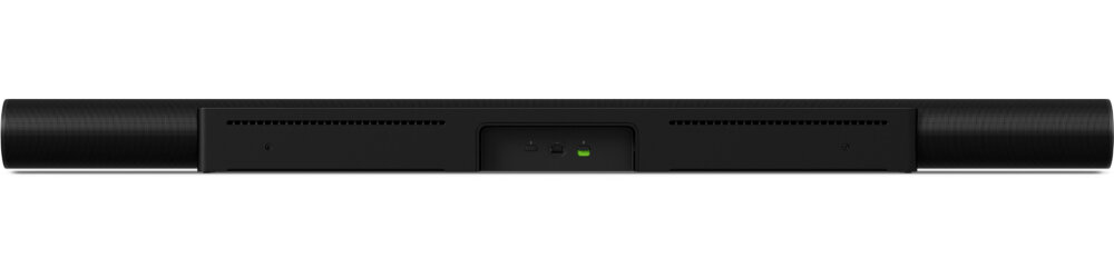 Czarny soundbar z prostokątnym panelem na środku, zawierającym kilka przycisków i wskaźnik świetlny.