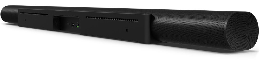 Czarny soundbar o nowoczesnym designie z widocznymi otworami wentylacyjnymi i portami z tyłu urządzenia.