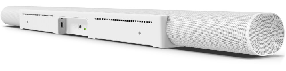 Biały soundbar z widocznymi portami i otworami wentylacyjnymi na tylnej części obudowy.