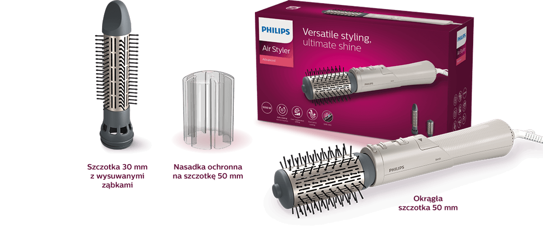 Na obrazie znajduje się suszarko-lokówka z trzema wymiennymi końcówkami oraz opakowanie z napisem \'PHILIPS Air Styler\'. Widoczne są szczotki o średnicach 30 mm i 50 mm oraz nasadka ochronna.