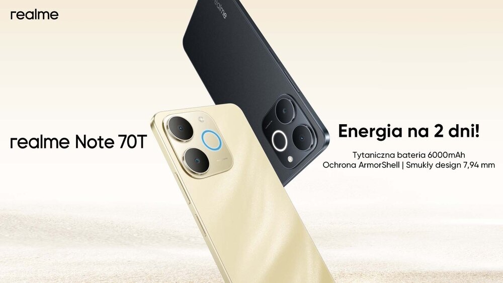 Obraz przedstawia dwa smartfony REALME Note 70T w kolorach czarnym i złotym. Widoczny tekst: \'realme Note 70T\', \'Energia na 2 dni!\', \'Tytaniczna bateria 6000mAh\', \'Ochrona ArmorShell | Smuky design 7,94 mm\'.