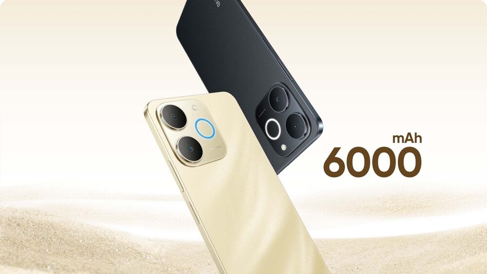 Dwa smartfony w kolorach czarnym i złotym, z widocznymi aparatami fotograficznymi. Obok napis \'6000 mAh\'.