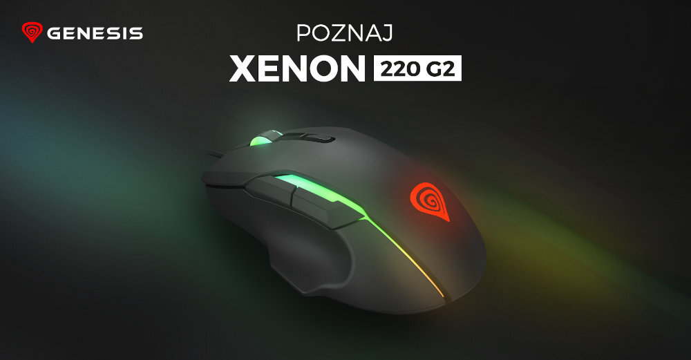 Na ciemnym tle widoczna jest mysz komputerowa z podświetleniem RGB oraz logo GENESIS. Tekst na obrazie: \'POZNAJ XENON 220 G2\'.