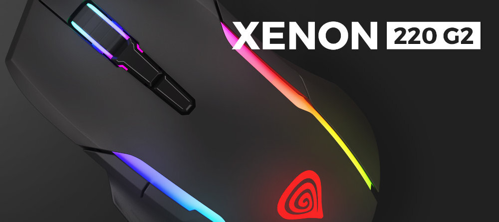 Czarna mysz komputerowa z podświetleniem RGB i logo w kształcie spirali. Widoczny tekst: \'XENON 220 G2\'.