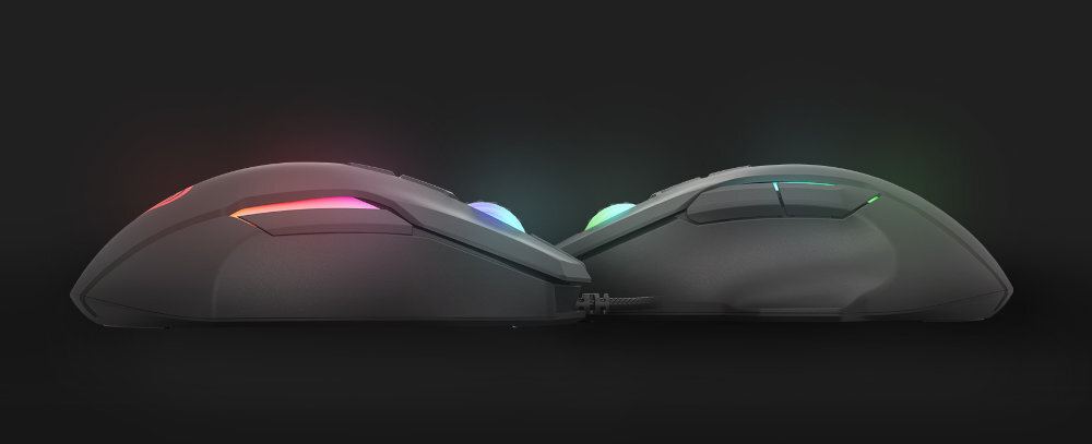 Obraz przedstawia dwie myszy komputerowe z podświetleniem RGB na ciemnym tle. Myszy mają ergonomiczny kształt i widoczne są różnokolorowe elementy świetlne.