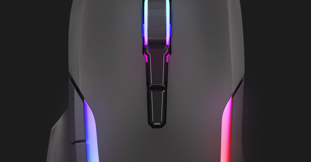 Czarna mysz komputerowa z podświetleniem RGB wzdłuż rolki i boków.
