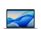 Laptop z wyświetlaczem pokazującym abstrakcyjną grafikę w odcieniach niebieskiego i żółtego. Obudowa jest w kolorze ciemnym, a na ekranie nie ma widocznego tekstu.