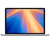 Laptop z wyświetlaczem pokazującym kolorowy gradient od niebieskiego do pomarańczowego. Obudowa jest w kolorze ciemnym, a na ekranie nie ma widocznego tekstu.