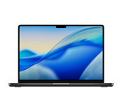 Laptop z wyświetlaczem Retina, na ekranie widoczna abstrakcyjna grafika w odcieniach niebieskiego. Obudowa w kolorze ciemnym, logo producenta APPLE na pokrywie.