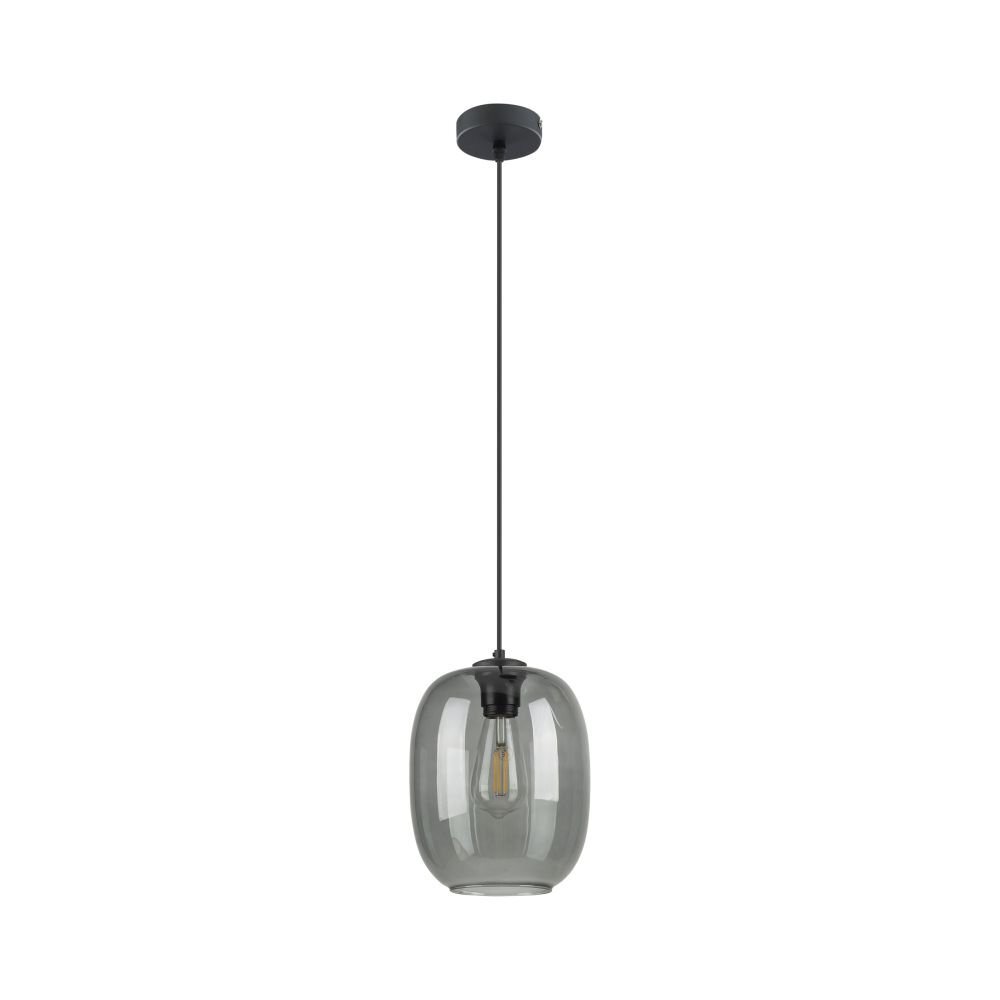 Lampa wisząca z drucianym kloszem w kolorze czarnym i mosiężnym wykończeniem. Posiada czarną podsufitkę i jest zawieszona na długim przewodzie.