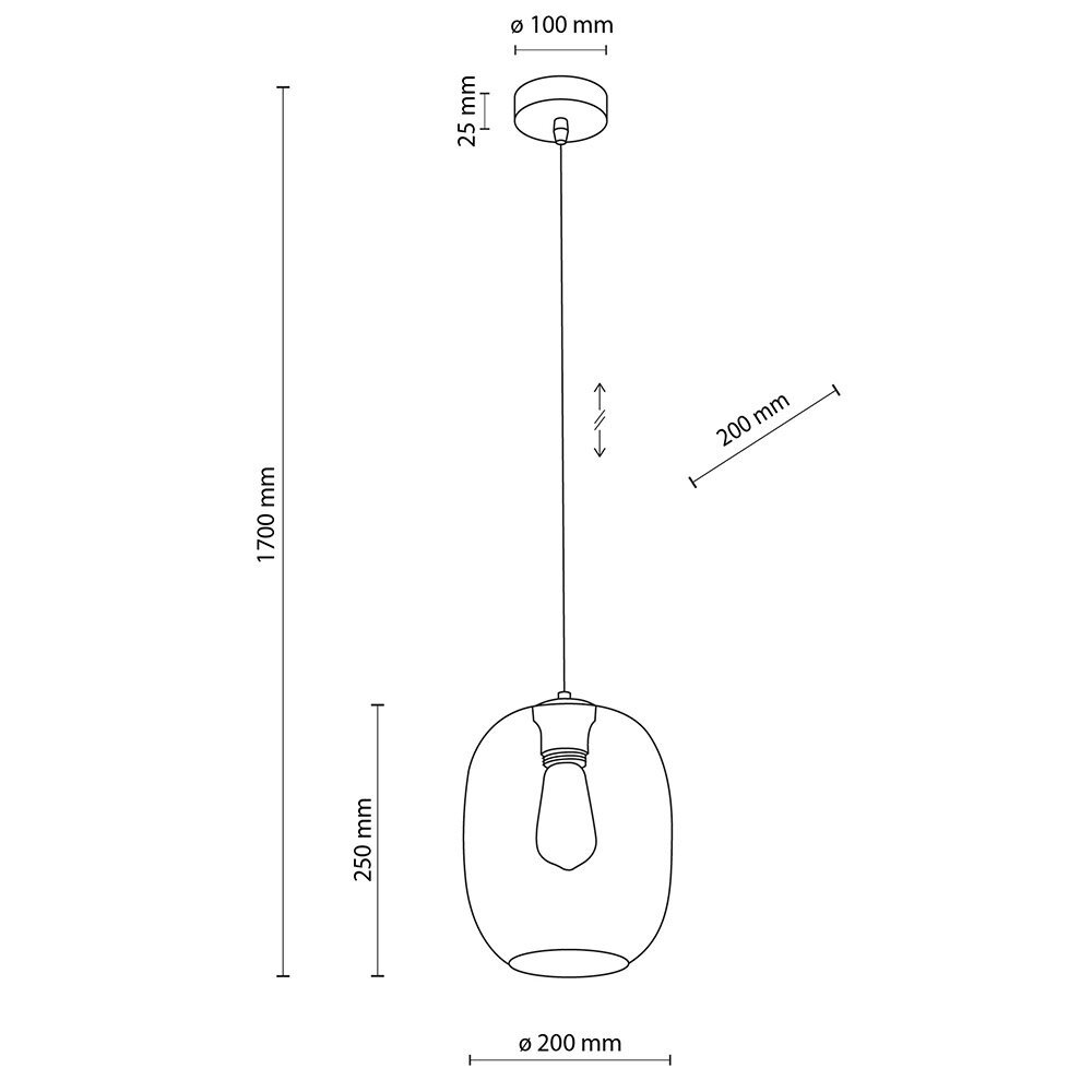 Schemat lampy wiszącej z wymiarami: wysokość całkowita 1700 mm, wysokość klosza 250 mm, średnica klosza 200 mm, średnica mocowania sufitowego 100 mm, wysokość mocowania 25 mm.