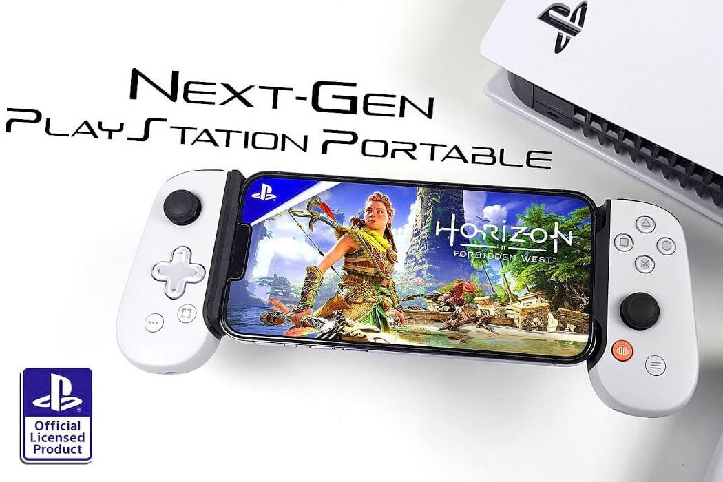 Na obrazie widoczny jest biały kontroler z zamontowanym smartfonem, na którym wyświetlana jest gra \'Horizon Forbidden West\'. W tle znajduje się konsola z logo PlayStation oraz tekst \'Next-Gen PlayStation Portable\'.