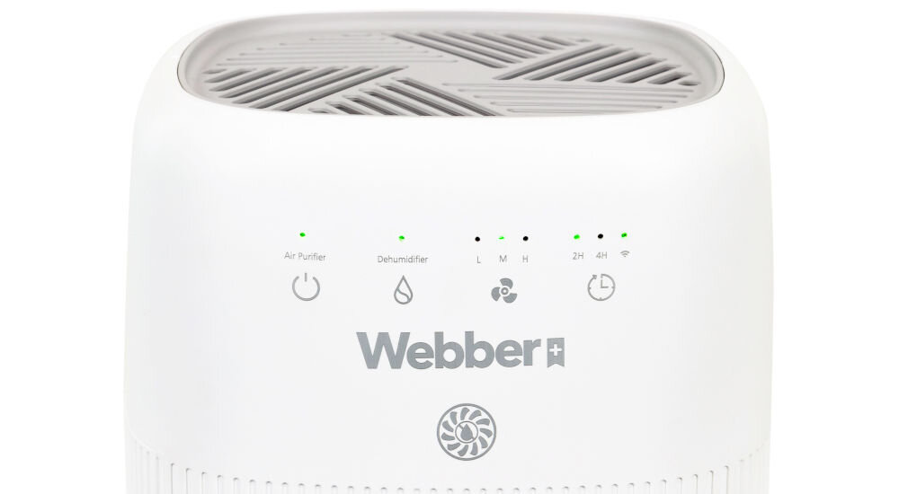 Biały osuszacz powietrza z widocznymi ikonami i napisami: \'Air Purifier\', \'Dehumidifier\', oraz logo \'Webber\'. Na górze urządzenia znajduje się szara kratka wentylacyjna.