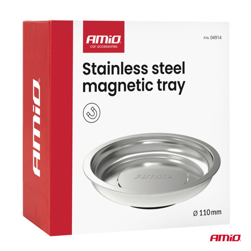 Opakowanie produktu z napisem \'Stainless steel magnetic tray\' oraz logo \'AMiO\'. Widoczna jest okrągła, stalowa miska magnetyczna o średnicy 110 mm.