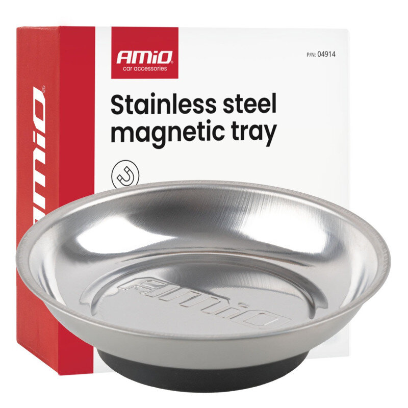 Na obrazie widoczna jest okrągła, stalowa miska magnetyczna z logo \'AMiO\' na tle pudełka z napisem \'Stainless steel magnetic tray\'.