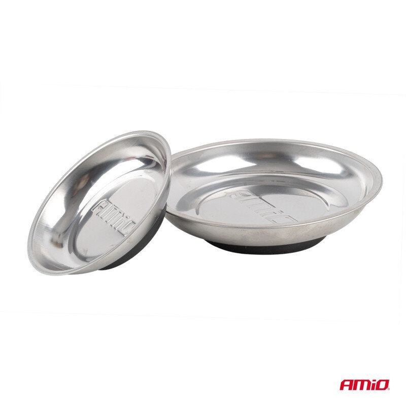 Na obrazie widoczne są dwie metalowe miski magnetyczne o różnych rozmiarach, z logo \'AMiO\' na dnie. W prawym dolnym rogu znajduje się czerwone logo \'AMiO\'.