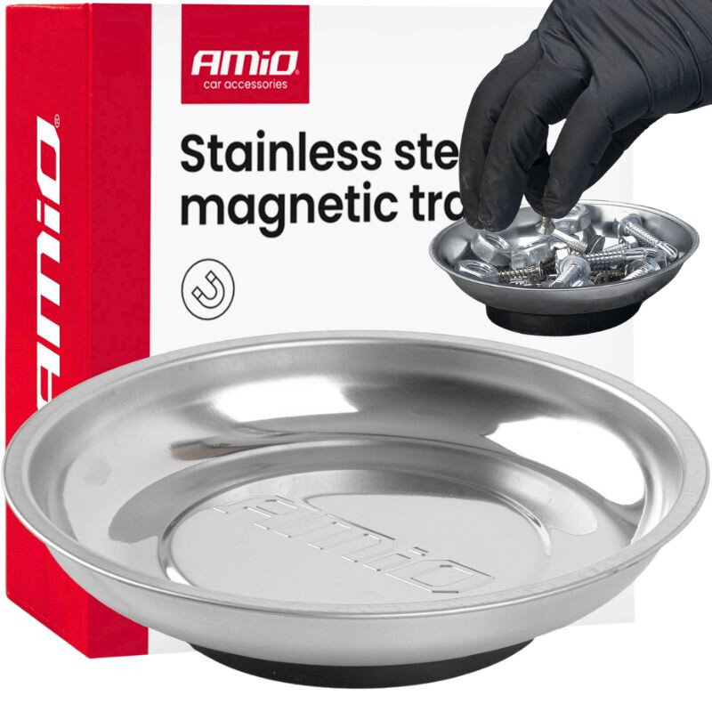 Na obrazie widoczna jest okrągła, metalowa miska magnetyczna z logo \'AMiO\' oraz opakowanie z napisem \'Stainless steel magnetic tray\'. Obok miski widoczna jest ręka w rękawiczce trzymająca śruby.