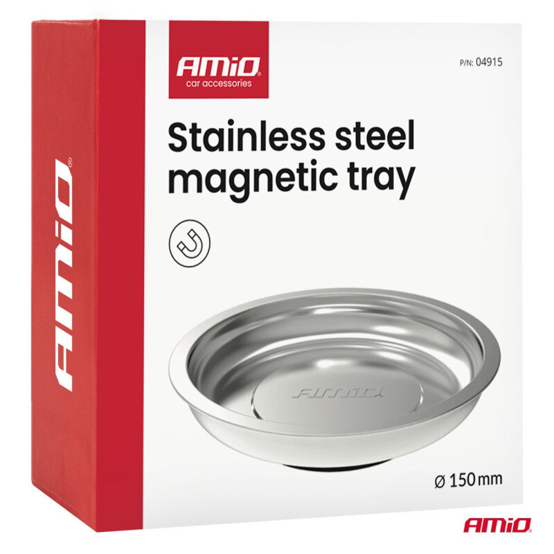 Opakowanie produktu z napisem \'AMiO car accessories Stainless steel magnetic tray\' oraz zdjęciem okrągłej, stalowej miski magnetycznej o średnicy 150 mm. Logo \'AMiO\' widoczne jest na opakowaniu.