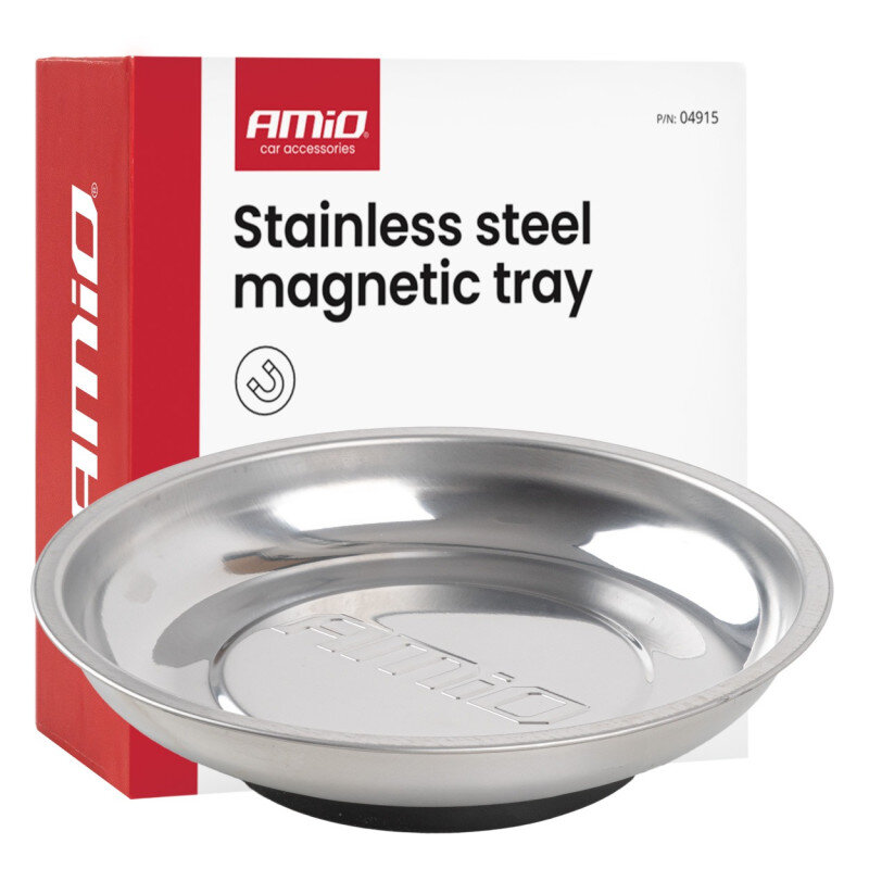 Na obrazie widoczna jest okrągła, stalowa miska magnetyczna z logo \'AMiO\' na dnie. W tle znajduje się opakowanie z napisem \'Stainless steel magnetic tray\'.