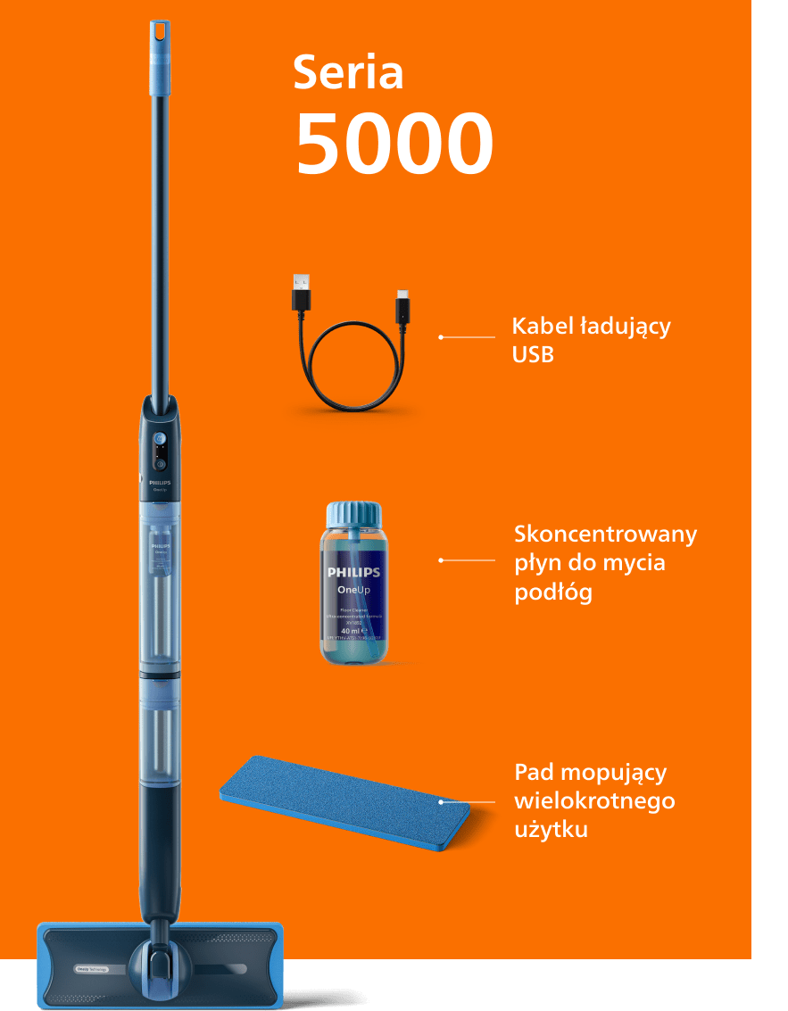 Na pomarańczowym tle widoczny jest mop elektryczny z napisem \'PHILIPS\' oraz akcesoria: kabel ładujący USB, skoncentrowany płyn do mycia podłóg i pad mopujący wielokrotnego użytku. Tekst na obrazie: \'Seria 5000\'.