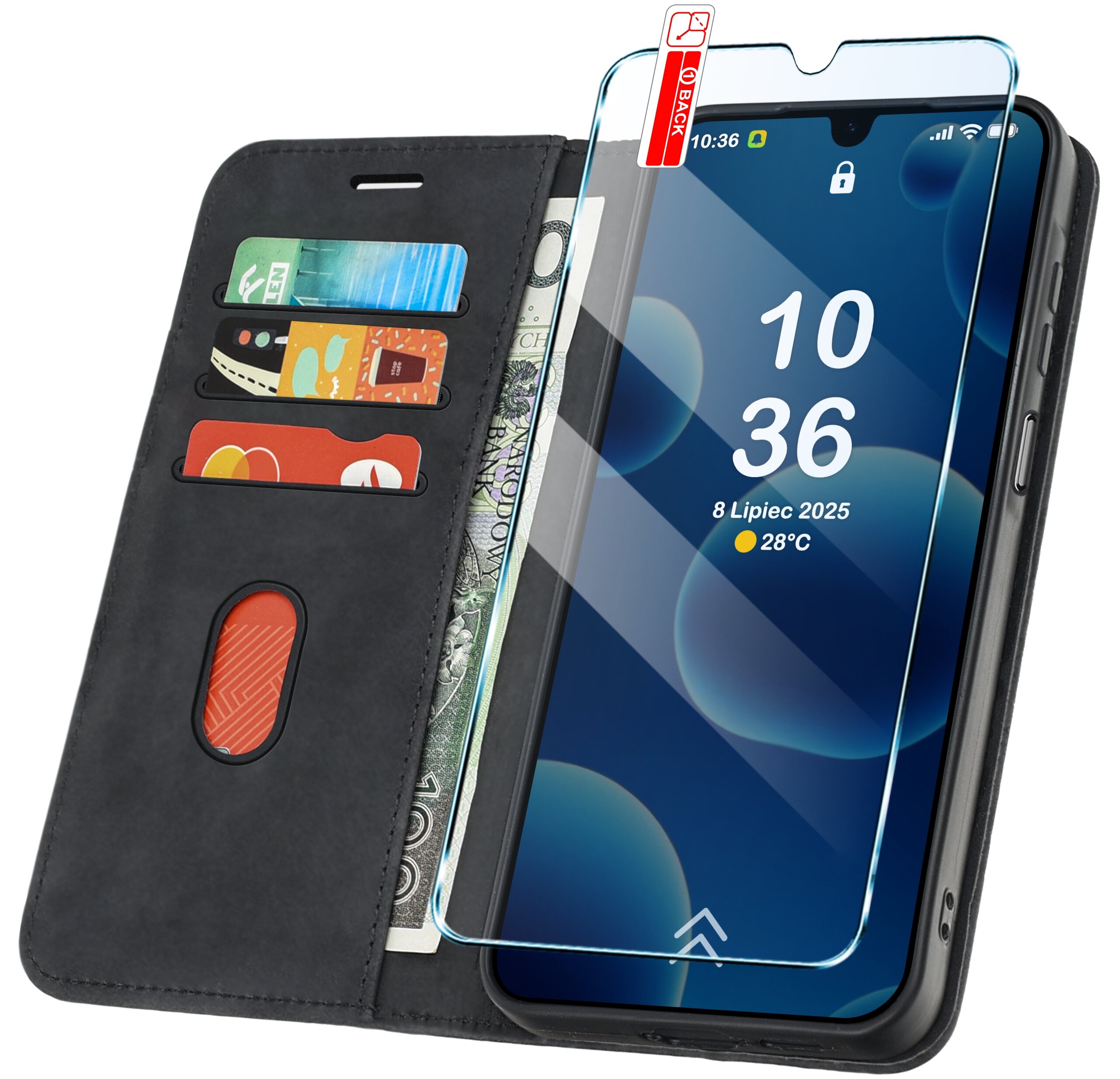 Czarne skórzane etui do telefonu z miejscem na karty i banknoty, obok którego znajduje się telefon z wyświetlaczem pokazującym godzinę 10:36, datę 8 Lipiec 2025 i temperaturę 28°C. Na ekranie telefonu widoczna jest naklejka z napisem \'BACK\'.