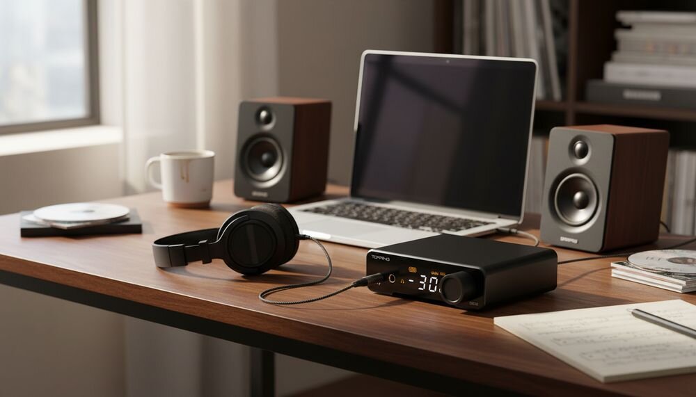 TOPPING DX1 II wzmacniacz słuchawkowy DAC AMP urządzenie audio Hi-Res, urządzenie stojące na biurku w pomieszczeniu