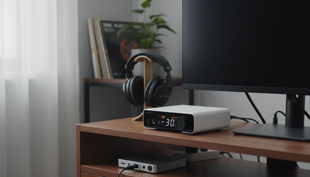 TOPPING DX1 II wzmacniacz słuchawkowy DAC AMP urządzenie audio Hi-Res, urządzenie stojące na biurku w pomieszczeniu