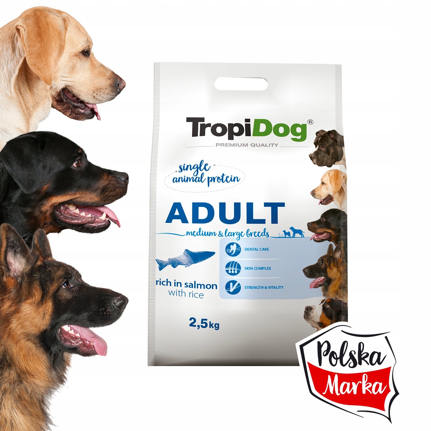 Opakowanie karmy dla psów TropiDog Premium Quality z napisem \'ADULT medium & large breeds\' oraz informacjami o składnikach: \'rich in salmon with rice\'. Widoczne są również ikony z napisami: \'Dental Care\', \'Skin Complex\', \'Strength & Vitality\'.