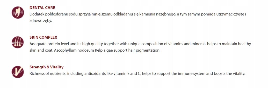 Obraz przedstawia trzy sekcje z ikonami i tekstem. Sekcje to: \'DENTAL CARE\', \'SKIN COMPLEX\' i \'Strength & Vitality\', każda z opisem dotyczącym korzyści zdrowotnych dla psów.